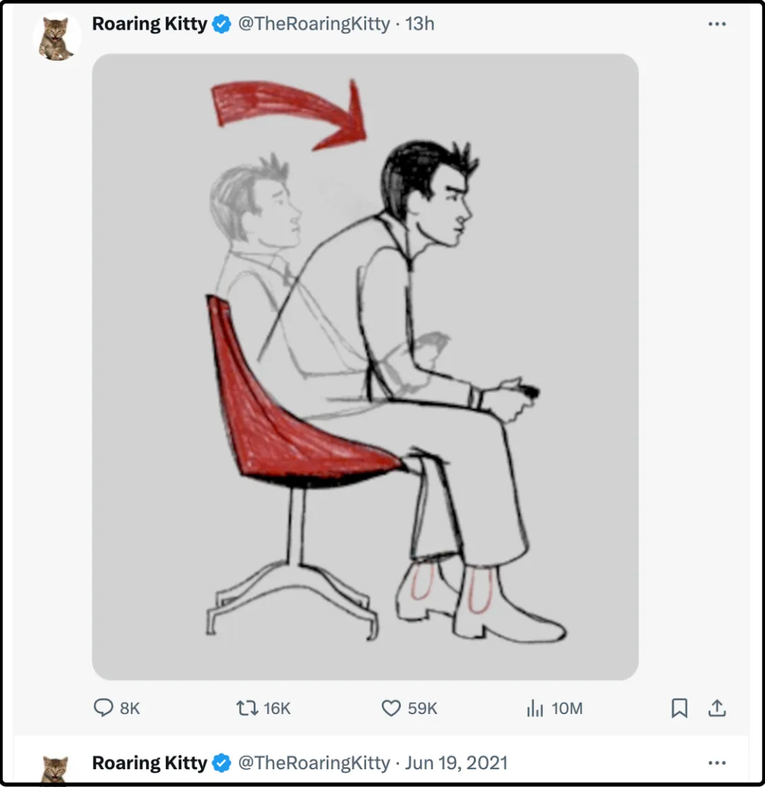 Roaring Kitty（咆哮猫）今天突然复活了，发了一张图片
