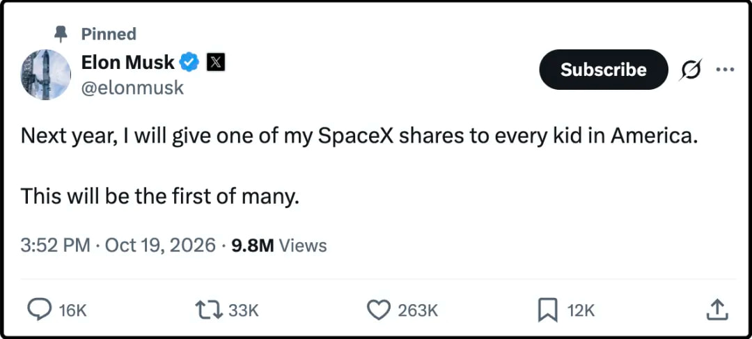 马斯克说是要给全美国的儿童一人发一股spaceX股票